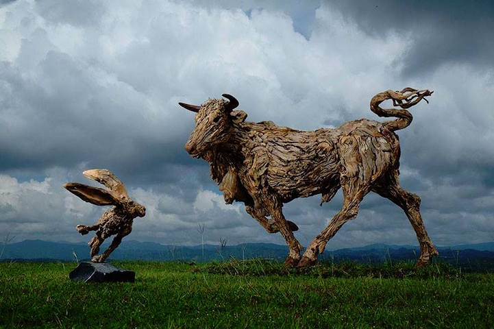 drifted wood turned into animal sculptures 3