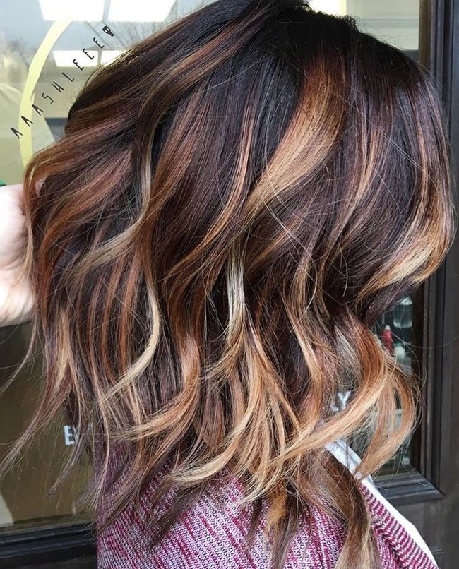 dark brown hair with caramel highlights