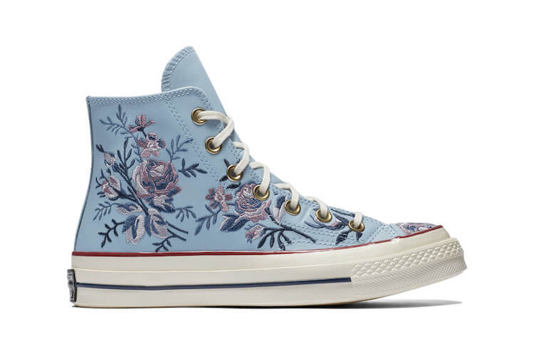 embroidered converse - blue on pink flowers