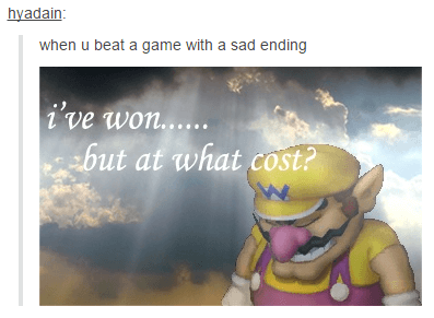 wario looking down as part of the i've won but at what cost meme