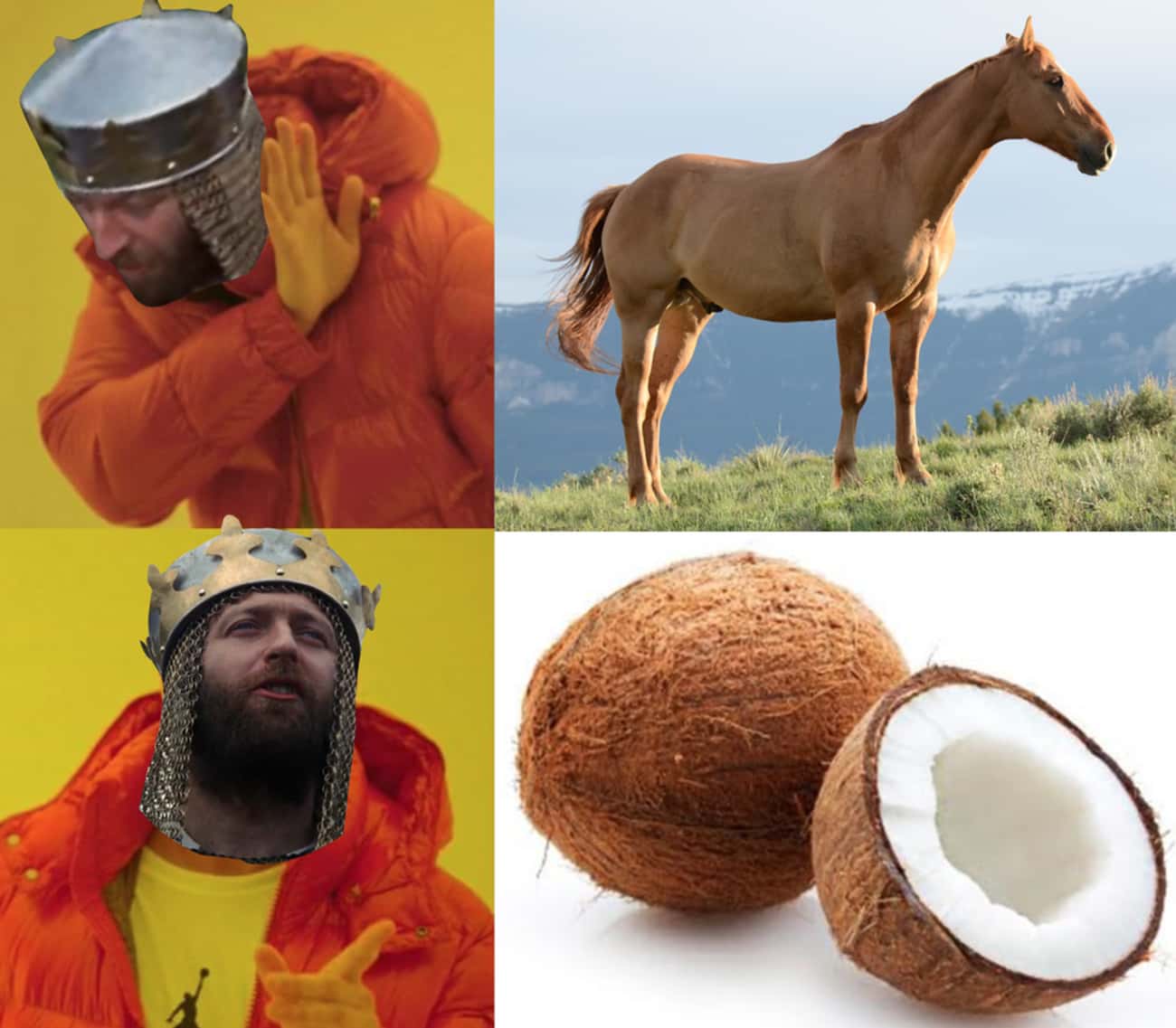 Horse and white knight from monty python meme as Drake